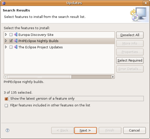 Selecting the PHPEclipse Nightly Builds for installation